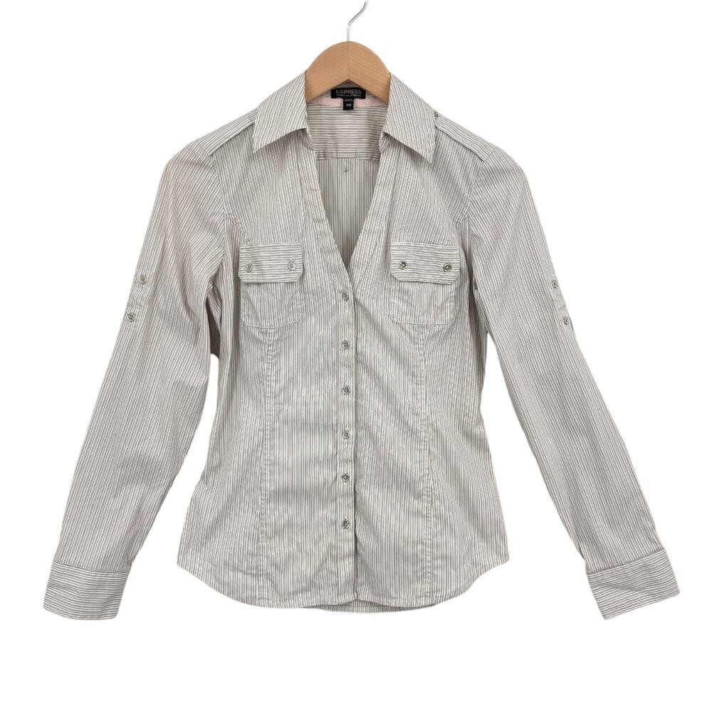 Express Essential Shirt Womens XS White Beige Striped Stretch Pockets Button Up